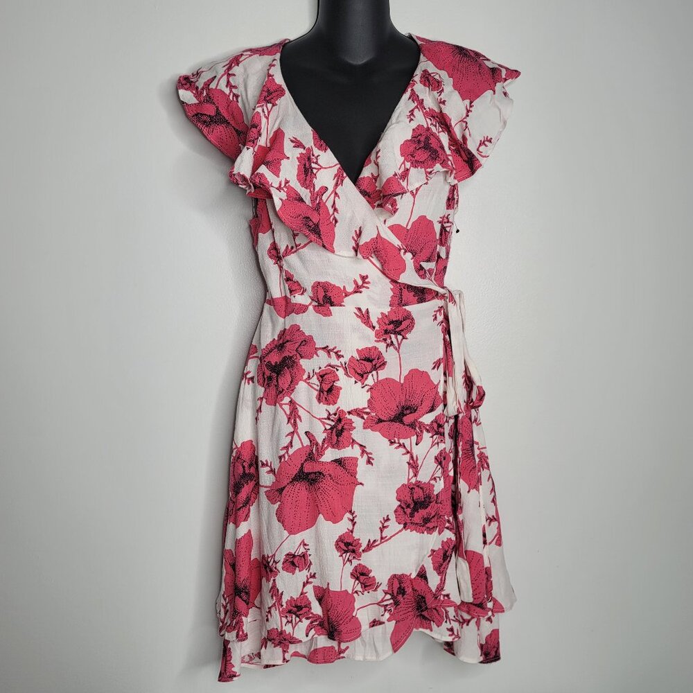 Free‎ People Women Dress Small Floral Print True Wrap Tie Ruffle Rayon Viscose
